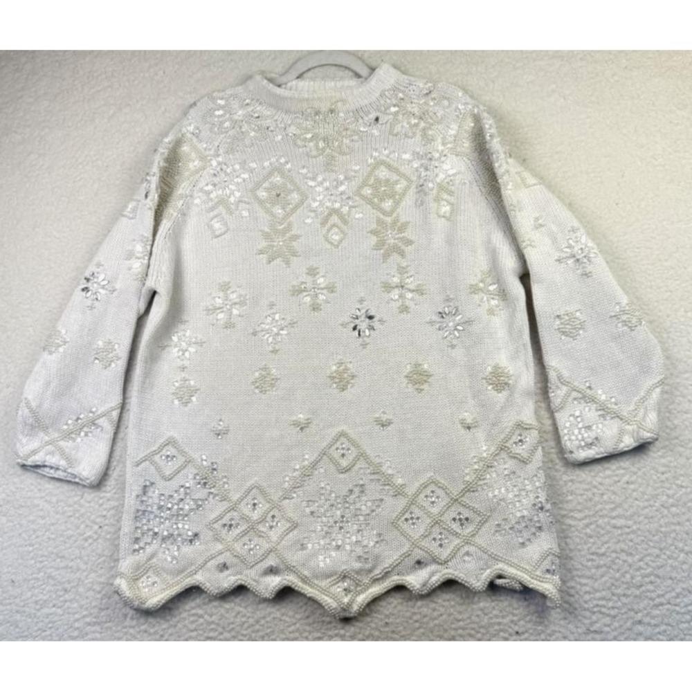 Michael Simon Sweater Womens One Size White Beaded Sequin Snowflake Tunic Pearl